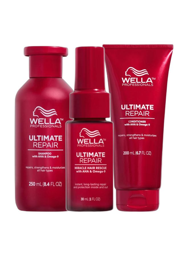 Wella Professionals Ultimate Repair Complete Regime Pack for Damaged Hair - Shampoo 250 ML, Conditioner 200 ML + Miracle Rescue Leave In Treatment 30 ML - Image 1