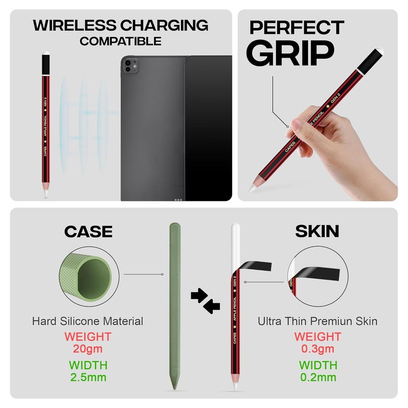 Capes ملصقات تغليف متوافقة مع قلم آيباد الجيل الثاني | تغليف فينيل 3M مقاوم للخدوش ودائم | ليس علبة | متوافق مع الشحن اللاسلكي | أحمر عتيق - Image 3