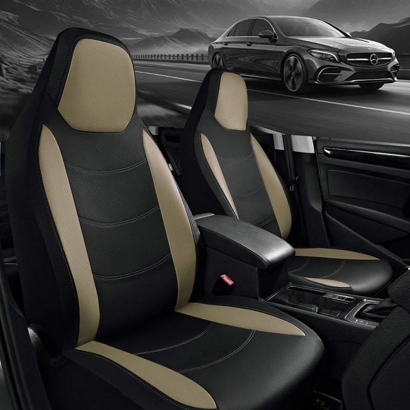 Road Comforts Car Seat Cover, Leather Seat Covers, Automotive High Back Front Car Seat Covers, Airbag Compatible, Universal Fit for Most Cars (Beige) - Image 2