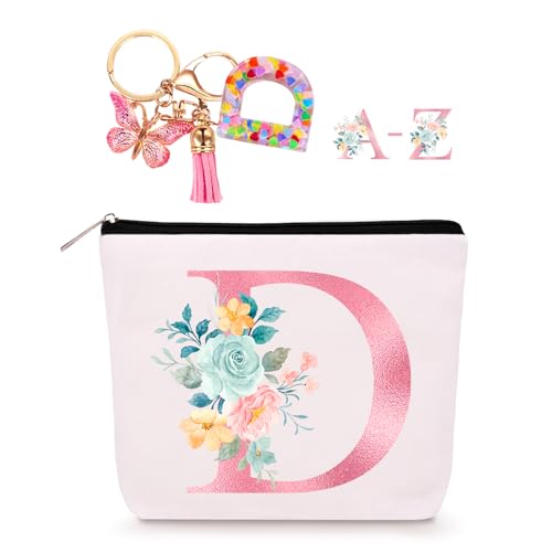 Lingdeer Personalized Makeup Bag with Initial Keychain, Custom Initial Monogram Small Travel Cosmetic Toiletry Bag, Birthday Gifts for Women Bridesmaid Teacher (D) - Image 1