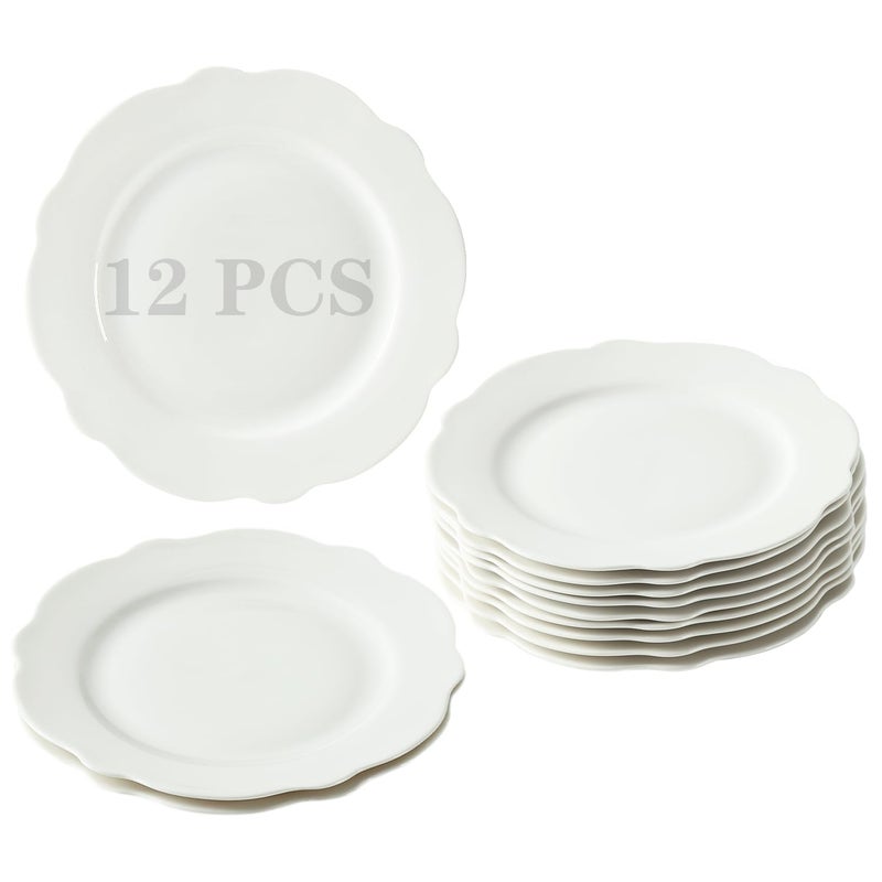 BABALIU 7.5 Inch Porcelain Small Dinner Plates Set of 12, White Leave Wave Rim Appetizer Plates, Dessert Salad Plates, Ceramic Serving Dishes for Cake, Snack, Ice Cream, Waffles, Microwave, Dishwasher Safe - Image 1