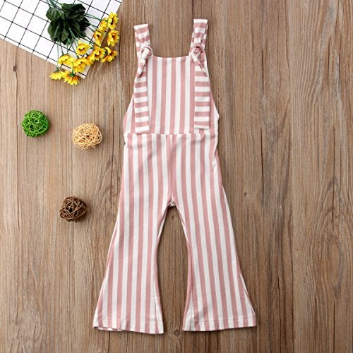 ZAXARRA Toddler Baby Girl Stripes Bell-Bottom Jumpsuit Romper Overalls Long Pants Outfits (6-12 Months, Brown Pink) - Image 2