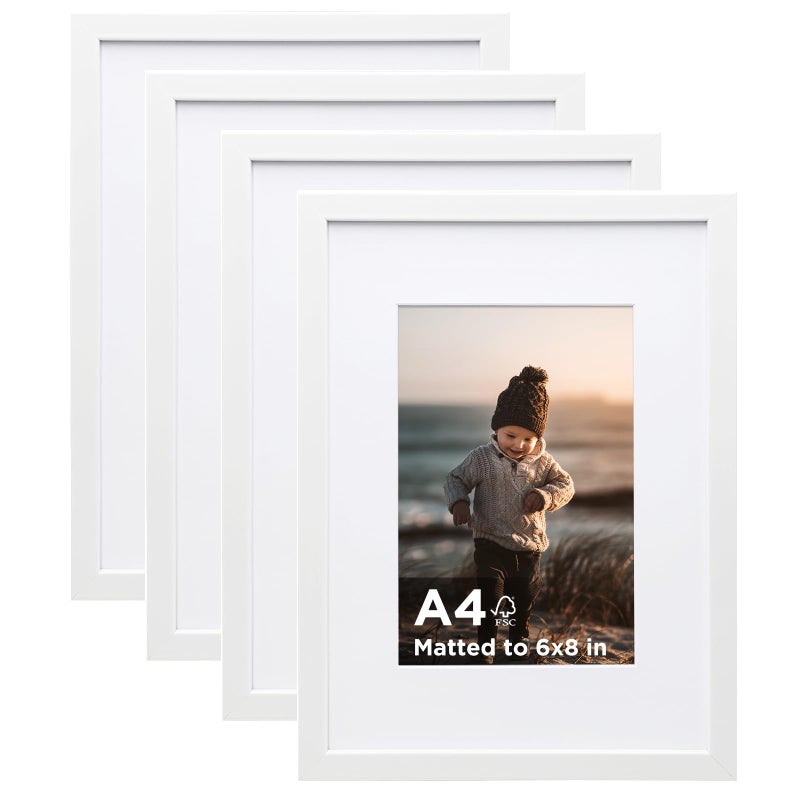 KINLINK A4 Picture Frame White Set of 4 Wooden Photo Frames Matted A5 with Plexiglass for A5 with Mat or A4 without Mat for Table and Wall Display