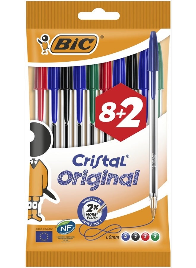 Bic Cristal Original Ballpoint Pens Medium Point (1.0 mm) - Assorted Colours, Pouch of 8+2  - Image 1