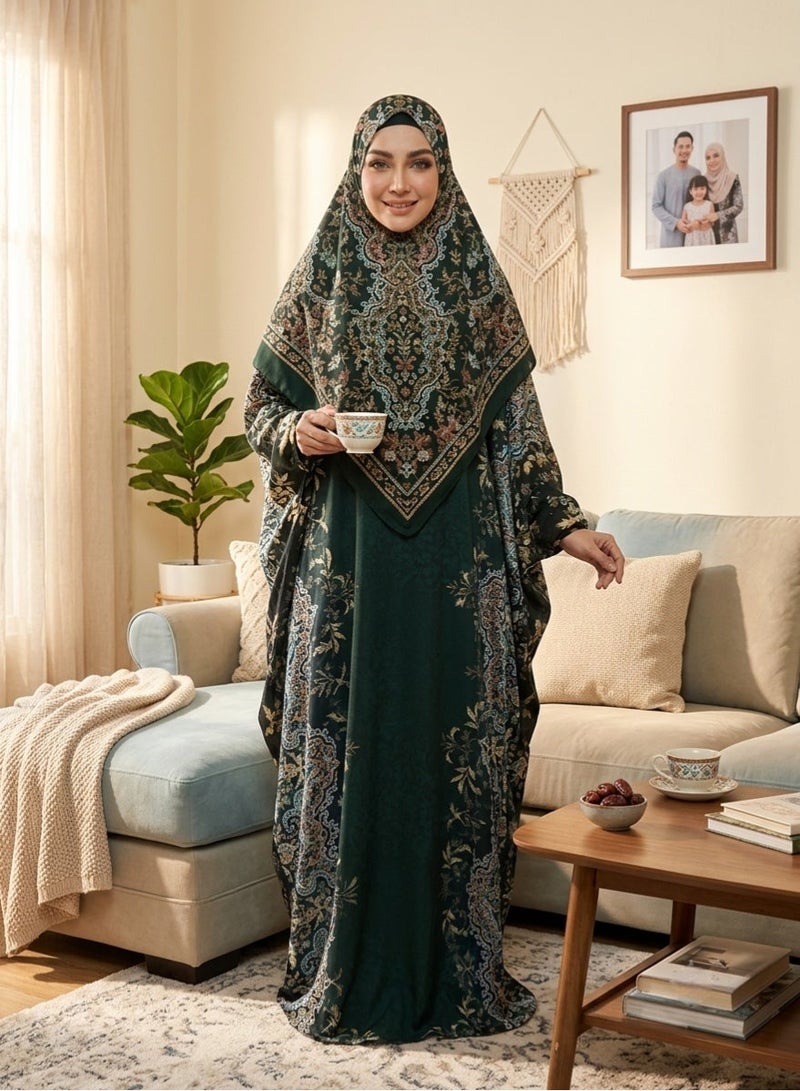 Luxury Paisley Print Isdal Prayer Dress for Women with Matching Head Cover Modest Full Length Batwing Kaftan Abaya Lightweight Breathable Islamic Prayer Outfit Maxi Loose Fit Fits Up to 150 KG Size 160 x 160 CM - Image 1