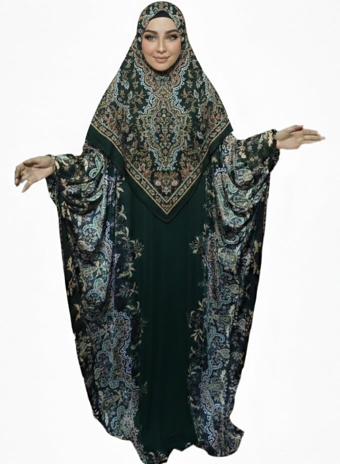 Luxury Paisley Print Isdal Prayer Dress for Women with Matching Head Cover Modest Full Length Batwing Kaftan Abaya Lightweight Breathable Islamic Prayer Outfit Maxi Loose Fit Fits Up to 150 KG Size 160 x 160 CM - Image 2