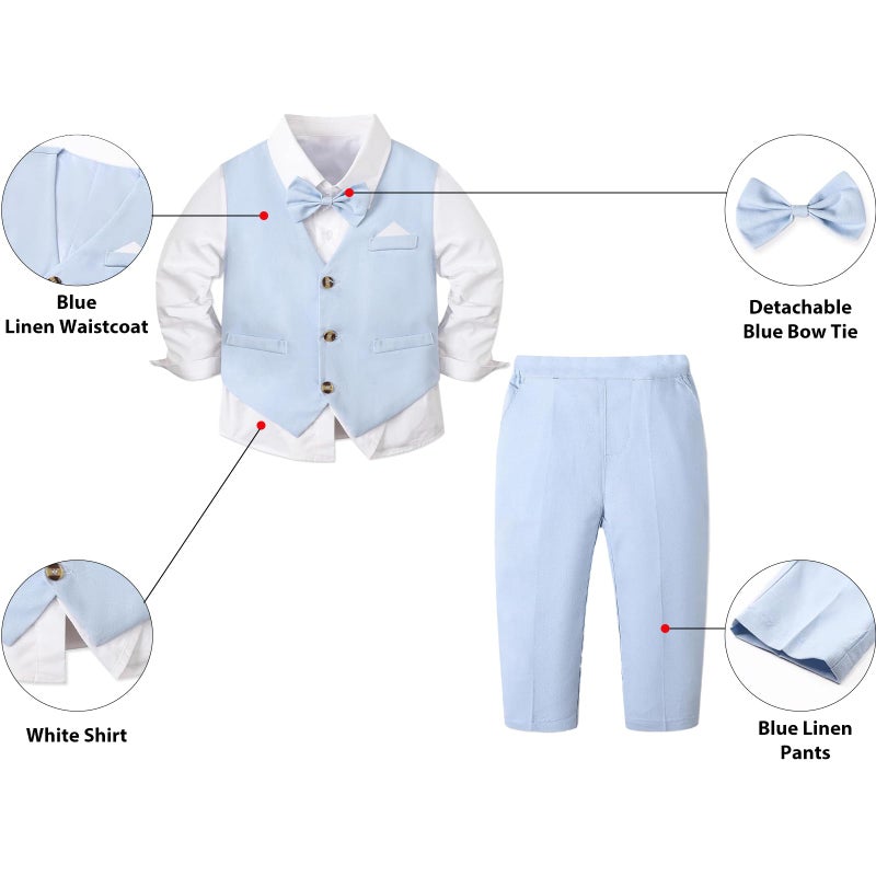 SANGTREE Boys' Long Sleeve Gentleman Suit Outfits Bow Tie Shirts + Vests + Pants Sets, Linen Blue, 18-24 Months = Tag 90 - Image 3