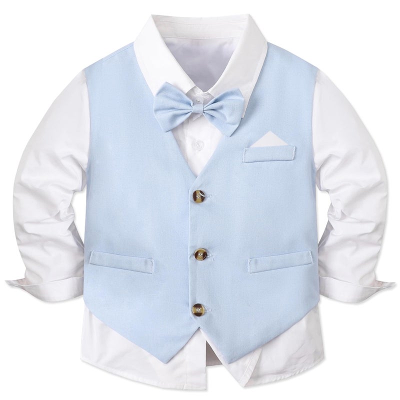 SANGTREE Boys' Long Sleeve Gentleman Suit Outfits Bow Tie Shirts + Vests + Pants Sets, Linen Blue, 18-24 Months = Tag 90 - Image 2