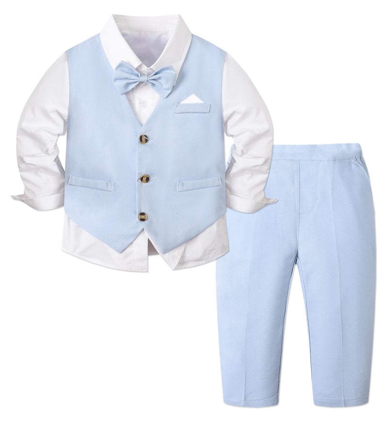 SANGTREE Boys' Long Sleeve Gentleman Suit Outfits Bow Tie Shirts + Vests + Pants Sets, Linen Blue, 18-24 Months = Tag 90 - Image 1