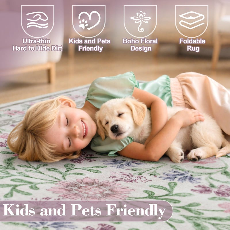 Wonnitar Purple Floral 8x10 Area Rugs, Washable Rug for Living Room, Soft Ultra-Thin Non-Shedding Large Indoor Boho Carpet for Bedroom Nursery Playroom Classroom Decor, Light Purple/Pink - Image 4