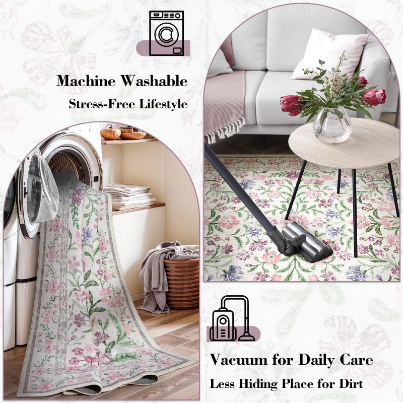 Wonnitar Purple Floral 8x10 Area Rugs, Washable Rug for Living Room, Soft Ultra-Thin Non-Shedding Large Indoor Boho Carpet for Bedroom Nursery Playroom Classroom Decor, Light Purple/Pink - Image 5