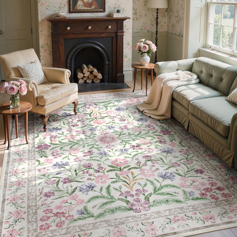 Wonnitar Purple Floral 8x10 Area Rugs, Washable Rug for Living Room, Soft Ultra-Thin Non-Shedding Large Indoor Boho Carpet for Bedroom Nursery Playroom Classroom Decor, Light Purple/Pink - Image 1