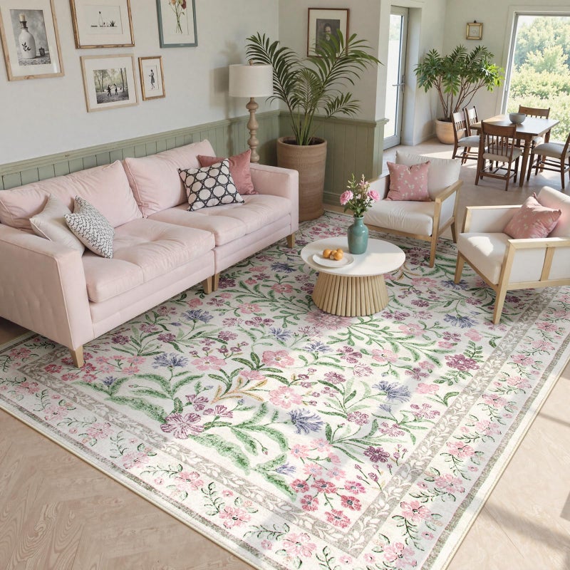Wonnitar Purple Floral 8x10 Area Rugs, Washable Rug for Living Room, Soft Ultra-Thin Non-Shedding Large Indoor Boho Carpet for Bedroom Nursery Playroom Classroom Decor, Light Purple/Pink - Image 2