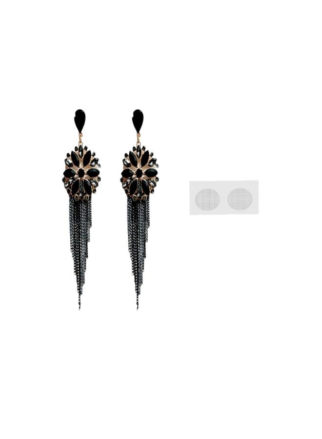 Accessher Black Gold Plated Stunning Precious Stones Studded Statement Dangle/Ethnic Earrings with a Pair of transparent Earring Supporter patch | For Women & Girls (Black) - Image 1