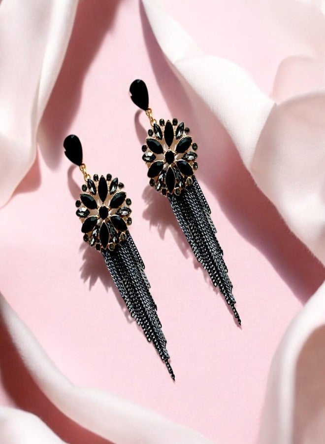 Accessher Black Gold Plated Stunning Precious Stones Studded Statement Dangle/Ethnic Earrings with a Pair of transparent Earring Supporter patch | For Women & Girls (Black) - Image 3