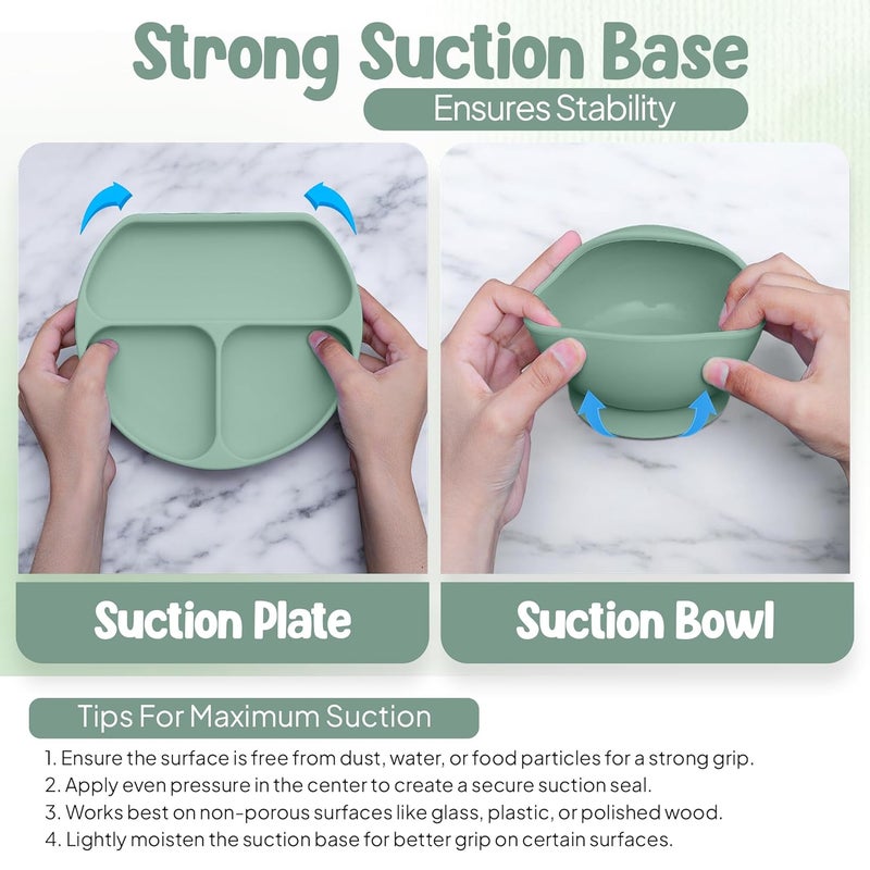 O'doe 17-Piece BPA-Free Silicone Baby Feeding Set | Thick & Soft Suction Plates, Baby Food Bowl, Wooden Fork & Spoon, and More | Make Mealtime Fun and Easy for Your Little One | Green V2 - Image 3