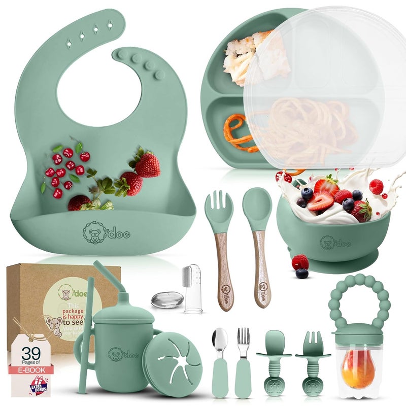 O'doe 17-Piece BPA-Free Silicone Baby Feeding Set | Thick & Soft Suction Plates, Baby Food Bowl, Wooden Fork & Spoon, and More | Make Mealtime Fun and Easy for Your Little One | Green V2 - Image 1