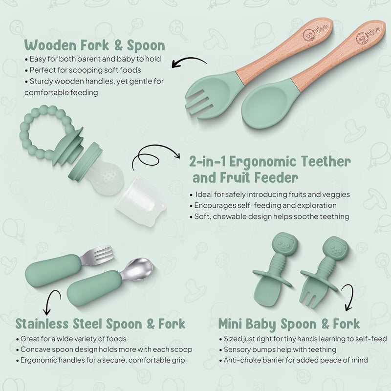 O'doe 17-Piece BPA-Free Silicone Baby Feeding Set | Thick & Soft Suction Plates, Baby Food Bowl, Wooden Fork & Spoon, and More | Make Mealtime Fun and Easy for Your Little One | Green V2 - Image 4