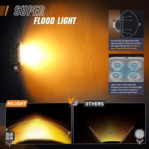 Nilight 2PCS 3Inch 15W Amber LED Pods Square Built-in EMC Work Light 90° Flood Beam Angle for Offroad Lights Side Light Rear Back-Up Light for Tractor Truck Motorcycle Boat ATV UTV - Image 3