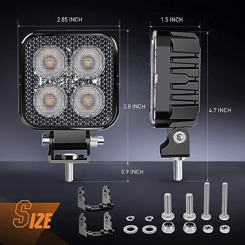 Nilight 2PCS 3Inch 15W Amber LED Pods Square Built-in EMC Work Light 90° Flood Beam Angle for Offroad Lights Side Light Rear Back-Up Light for Tractor Truck Motorcycle Boat ATV UTV - Image 2