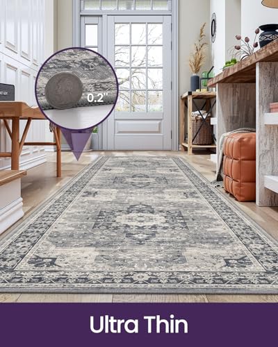 DEXI Hallway Washable Runner Rug 3x7, Vintage Soft Thin Kitchen Runner with Non Slip Backing, Farmhouse Entryway Floor Rug, Stain Resistant Distressed Carpet for Bedroom Living Room, Blue Grey - Image 3