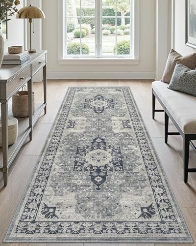 DEXI Hallway Washable Runner Rug 3x7, Vintage Soft Thin Kitchen Runner with Non Slip Backing, Farmhouse Entryway Floor Rug, Stain Resistant Distressed Carpet for Bedroom Living Room, Blue Grey - Image 1