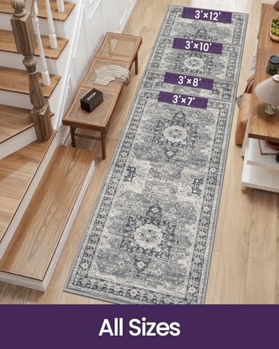 DEXI Hallway Washable Runner Rug 3x7, Vintage Soft Thin Kitchen Runner with Non Slip Backing, Farmhouse Entryway Floor Rug, Stain Resistant Distressed Carpet for Bedroom Living Room, Blue Grey - Image 2
