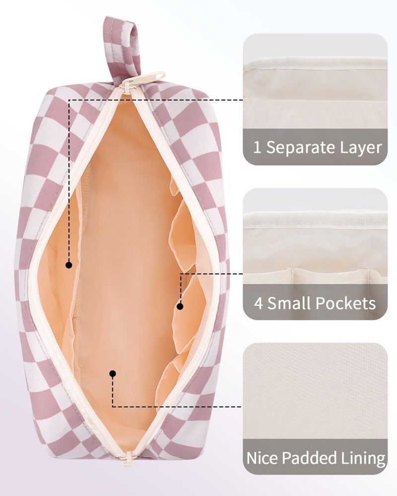 Narwey Checkered Makeup Bag Travel Cosmetic Bag Organizer Small Toiletry Bag Make Up Bags with Organized Pockets for Women (Dusty Rose Checkerboard, Large) - Image 5