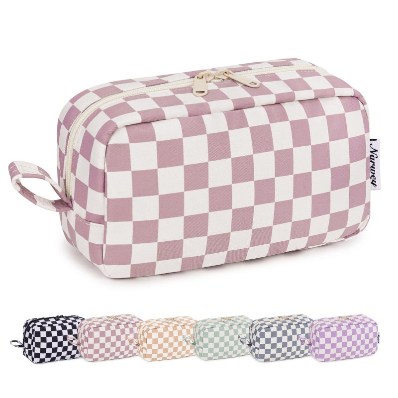 Narwey Checkered Makeup Bag Travel Cosmetic Bag Organizer Small Toiletry Bag Make Up Bags with Organized Pockets for Women (Dusty Rose Checkerboard, Large) - Image 1