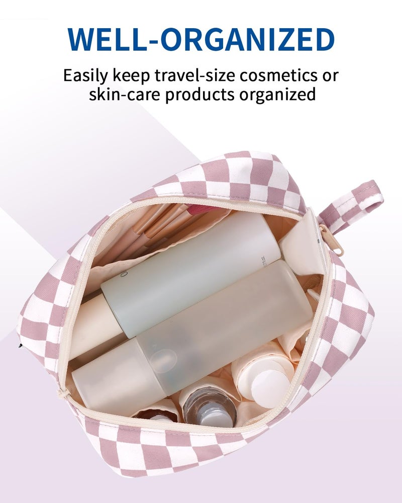 Narwey Checkered Makeup Bag Travel Cosmetic Bag Organizer Small Toiletry Bag Make Up Bags with Organized Pockets for Women (Dusty Rose Checkerboard, Large) - Image 3
