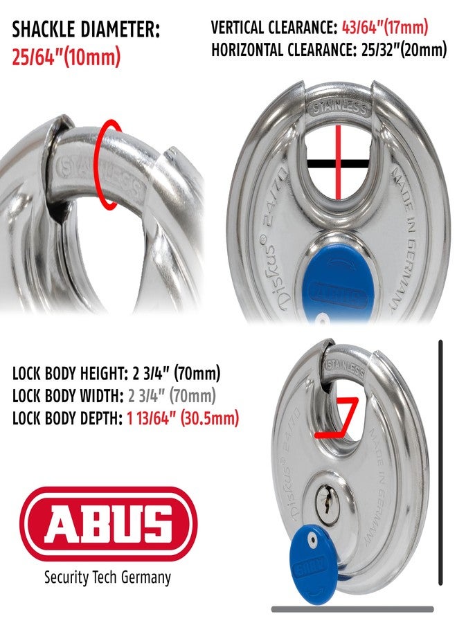 أباس قفل تخزين ABUS 24IB/70 Diskus مزود بمفتاحين للاستخدام الخارجي والتخزين والبحرية، بعرض 2.75 بوصة (70 مم) (متشابه المفاتيح، 1) - Image 2