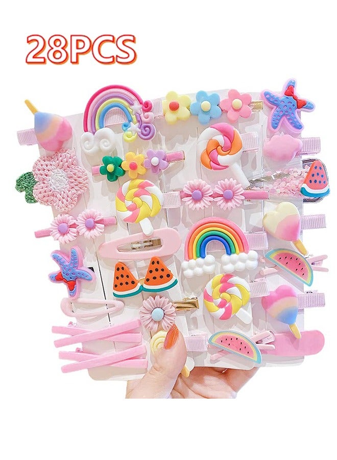 28-Piece Cute Hair Clips, Fashion Girls Hair Accessories Flower Fruit Colorful Rainbow Candy Set Non-slip Metal Snap Pins, for Girls Kids Teens Toddlers (Pink Multicolor) - Image 1
