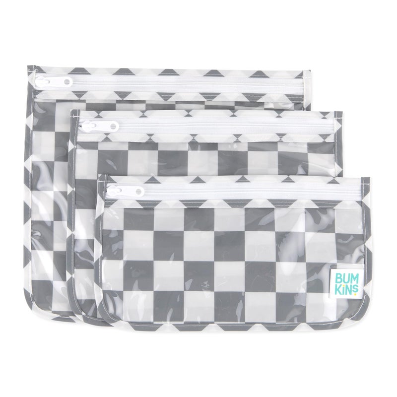 Bumkins Travel Bag Toiletry TSA Approved Pouch Zip Bag Quart Size Airline Compliant ClearSided Baby Diaper Bag Organization Makeup Accessories Packing Set of 3 Sizes Gray Check - Image 2