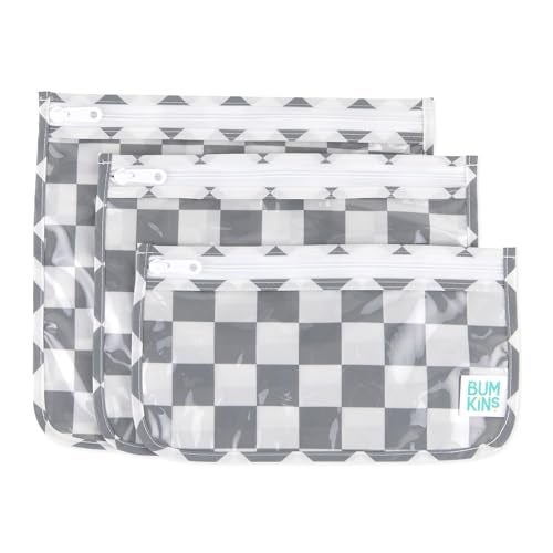 Bumkins Travel Bag Toiletry TSA Approved Pouch Zip Bag Quart Size Airline Compliant ClearSided Baby Diaper Bag Organization Makeup Accessories Packing Set of 3 Sizes Gray Check - Image 1