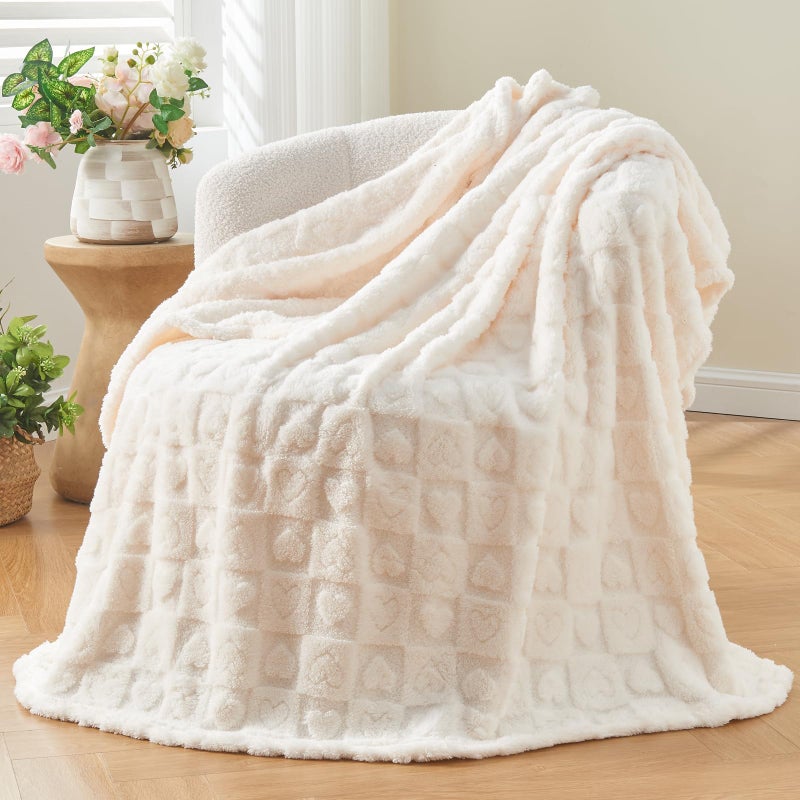 NEWCOSPLAY Super Soft Throw Blanket Ivory Premium Silky Flannel Fleece 3D Heart Checkered Lightweight Bed Blanket All Season Use (Ivory Heart  Throw(50""x70"")) - Image 1