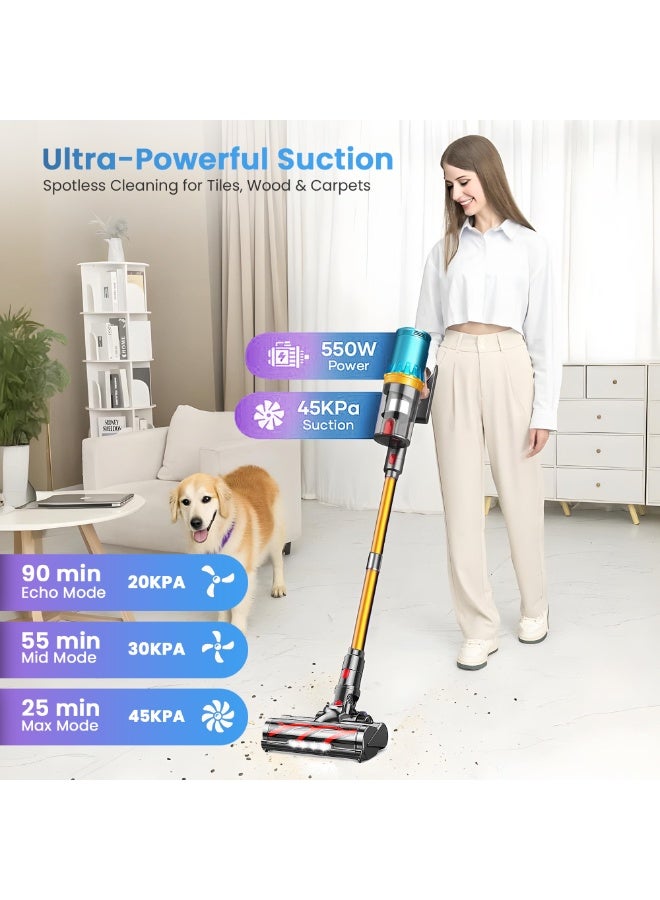 RFAQK Golden Cordless Vacuum Cleaner 45KPa/550W with Upto 90Mins Runtime | RFAQK Powerful Stick Vacuum Cleaner with 2 Hepa Filters-Anti-Tangle Brush for Hardwood Floor-Carpet-Pet Hair - Image 2