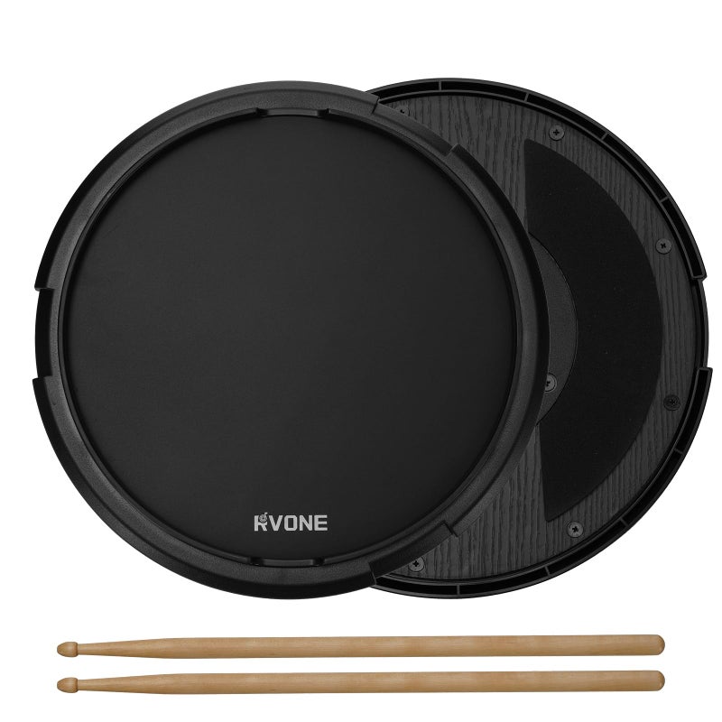 RVONE Practice Drum Pad 12 Inch â€“ Silent Drum Pad Built-in 800 Steel Balls for Beginners Professionals, Double Sided Rubber Drum Pad with Snare Stand Compatibility-Black - Image 1