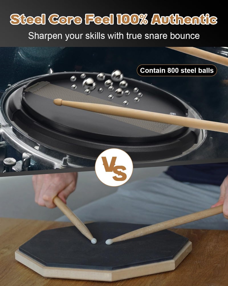 RVONE Practice Drum Pad 12 Inch â€“ Silent Drum Pad Built-in 800 Steel Balls for Beginners Professionals, Double Sided Rubber Drum Pad with Snare Stand Compatibility-Black - Image 3