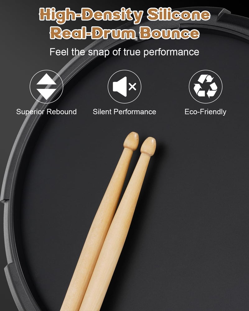 RVONE Practice Drum Pad 12 Inch â€“ Silent Drum Pad Built-in 800 Steel Balls for Beginners Professionals, Double Sided Rubber Drum Pad with Snare Stand Compatibility-Black - Image 5