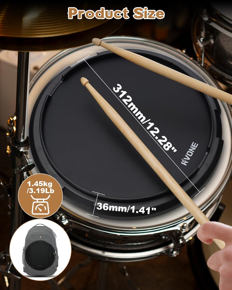 RVONE Practice Drum Pad 12 Inch â€“ Silent Drum Pad Built-in 800 Steel Balls for Beginners Professionals, Double Sided Rubber Drum Pad with Snare Stand Compatibility-Black - Image 4