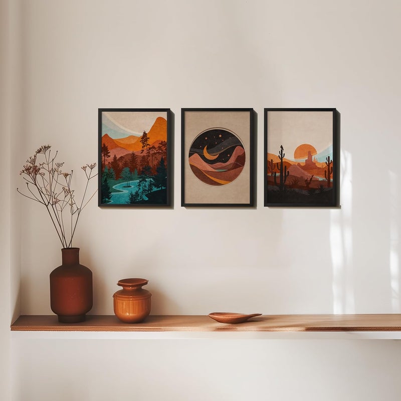 QUOTE - UNQUOTE ART Set of 3 Minimalist Framed Abstract for Home Décor Desert Landscape Paintings for Living Room 34x44 cm Black Frame - Image 1