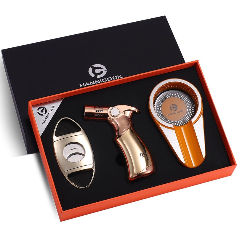 HANNICOOK Cigar Cutter, Lighter & Ashtray Gift Set - Stainless Steel Tools