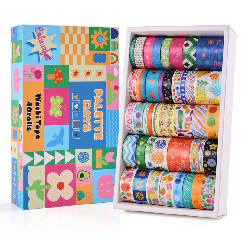 emmoolife 40 Rolls Washi Tape Set, Vibrant Color Palette-Themed Cute Decorative Tapes for Scrapbooking, Bullet Journaling, Junk Journal Supplies, DIY Planner Art, 5-30mm Wide - Image 1