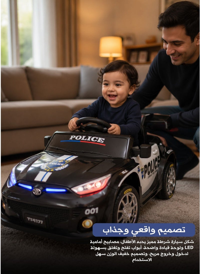 سيارة شرطة كهربائية للأطفال – تحكم أهلي 2.4 جيجاهرتز، محركان، أضواء ومكبر صوت وإنذار، مناسبة لعمر 1–4 سنوات، سرعة 3 كم/ساعة، بطارية 12 فولت - Image 1