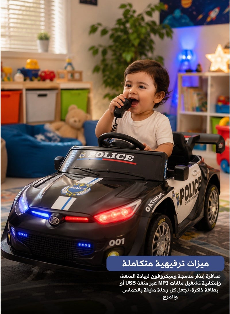 سيارة شرطة كهربائية للأطفال – تحكم أهلي 2.4 جيجاهرتز، محركان، أضواء ومكبر صوت وإنذار، مناسبة لعمر 1–4 سنوات، سرعة 3 كم/ساعة، بطارية 12 فولت - Image 2