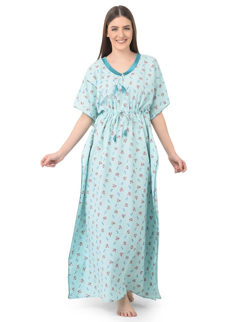 Noty Store Noty Women's Soft Cotton Kaftan Maxi Nightgown Nighty Nightdress Nightwear - Cotton-V-Neck (Free Size, Light Green) - Image 1