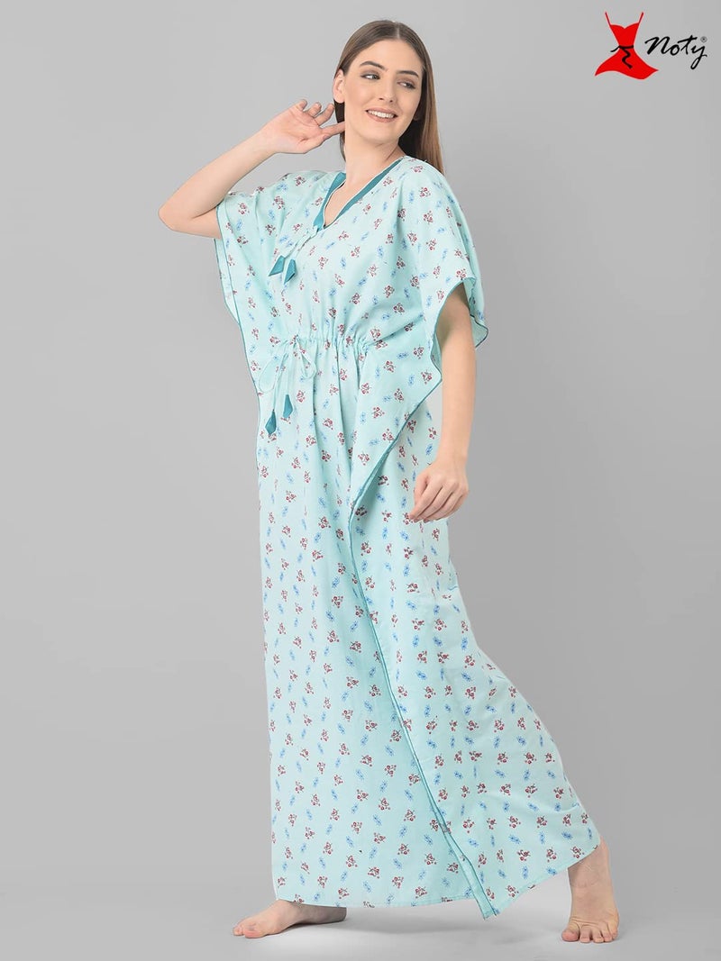Noty Store Noty Women's Soft Cotton Kaftan Maxi Nightgown Nighty Nightdress Nightwear - Cotton-V-Neck (Free Size, Light Green) - Image 3