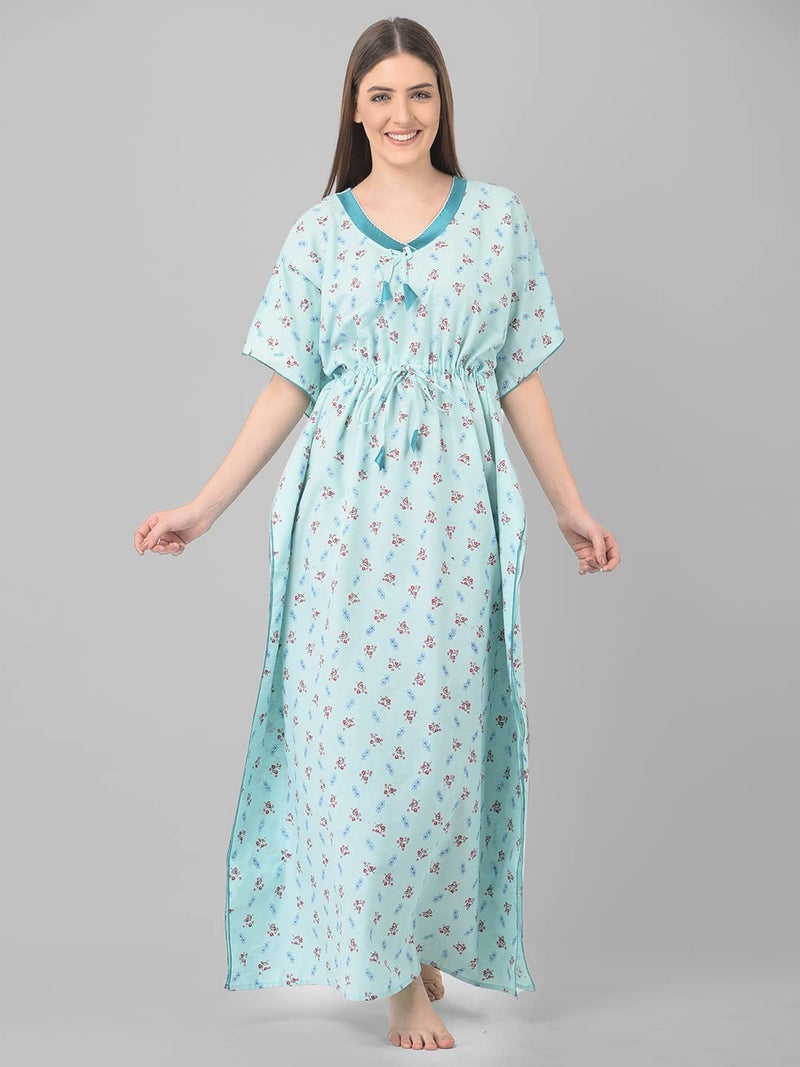 Noty Store Noty Women's Soft Cotton Kaftan Maxi Nightgown Nighty Nightdress Nightwear - Cotton-V-Neck (Free Size, Light Green) - Image 2