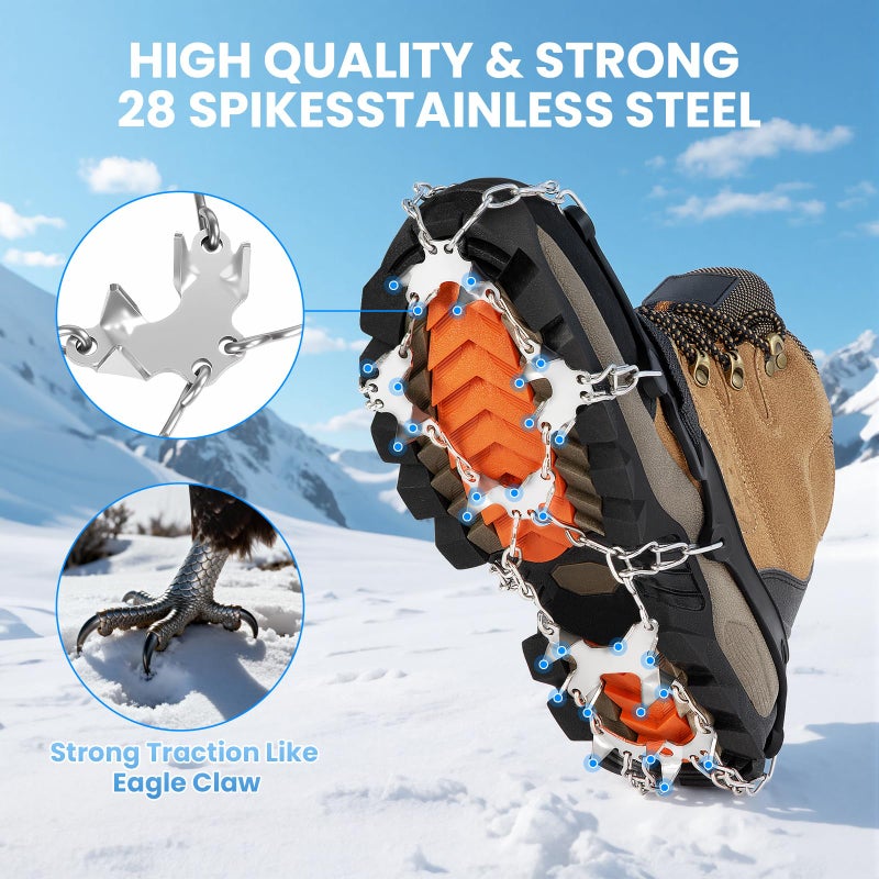 AOOELLO Crampons for Shoes with 28 Stainless Steel Spikes, Anti Slip Crampons for Hiking Boots Women Men, Ice Cleats Traction Snow Grips for Hiking Jogging Fishing Walking Climbing Mountaineering - Image 3