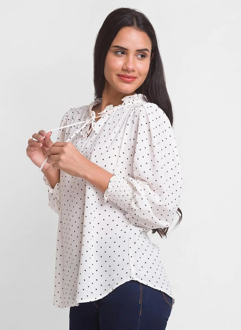globus Women Polka Dots Tie-Up Crepe Shirt Style Top